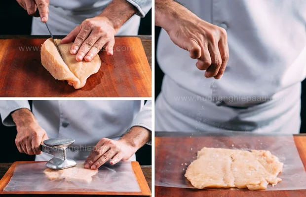 chèn mỏng và ướp ức gà