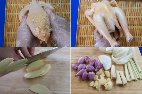 Sơ chế các nguyên liệu trước khi hấp gà