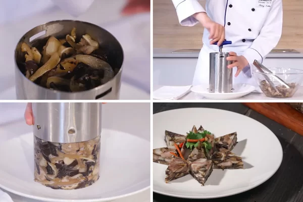 ép thịt đã xào vào khuôn