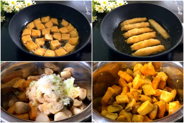 Chiên vàng đậu phụ, mì căn rồi đem ướp gia vị