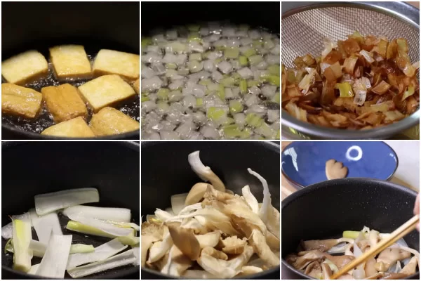 Chiên vàng đậu phụ và xào nấm với hành boa rô