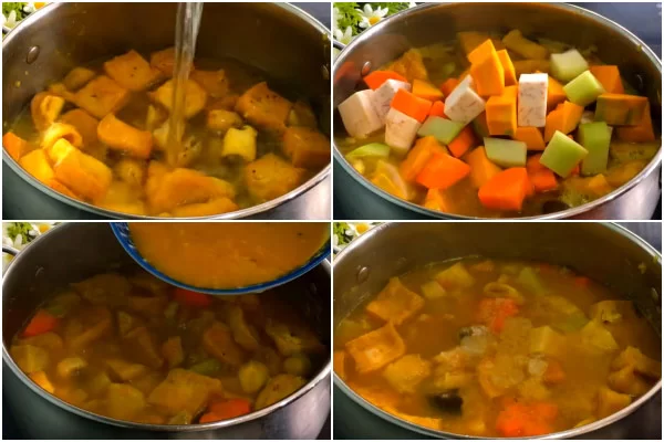 Cho các loại rau củ vào nồi, nấu chín