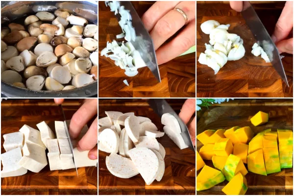 Sơ chế các nguyên liệu trước khi nấu mì quảng chay