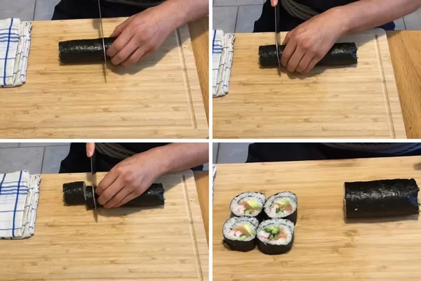 Cắt cuộn sushi thành các phần bằng nhau