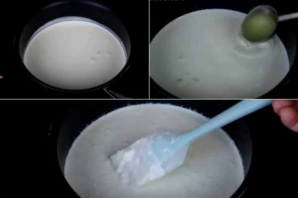 Đun kem tươi và nước cốt chanh trên lửa nhỏ