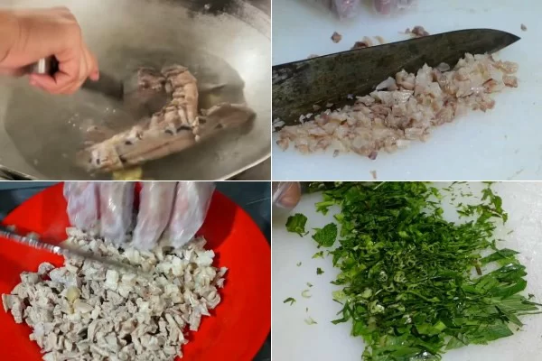 Sơ chế cuống họng, thịt dê, cắt nhỏ rau thơm