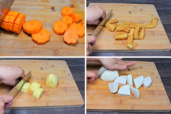 Cắt rau củ thành miếng vừa ăn