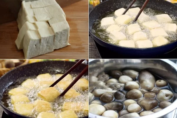 Chiên đậu hũ cho vàng giòn và ngâm nấm rơm