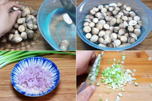 Ngâm nấm rơm với nước muối, cắt nhỏ hành lá