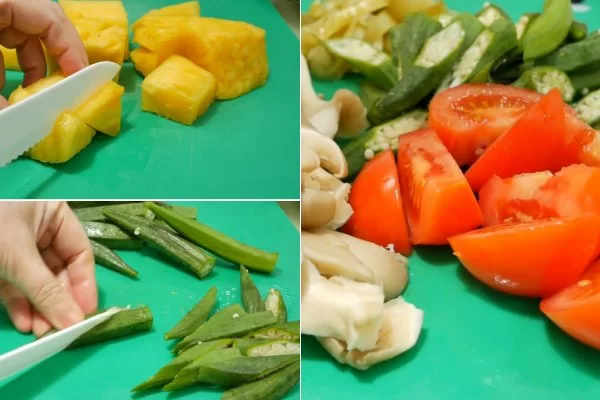 Sơ chế thơm, đậu bắp, nấm và cà chua