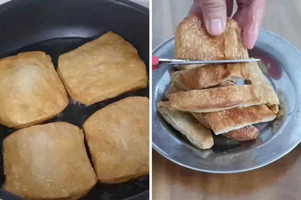 Chiên sơ sườn chay và cắt thành miếng nhỏ