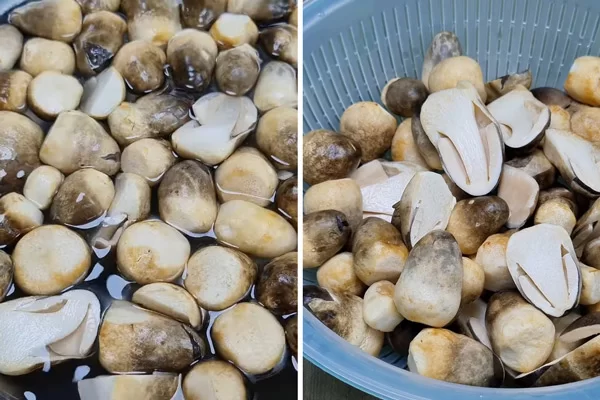 Ngâm nấm với nước muối sau đó xả sạch lại.