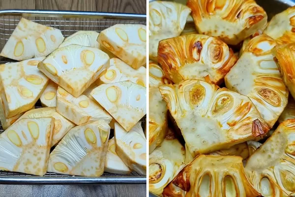 Sơ chế mít thành miếng vừa ăn và chiên vàng