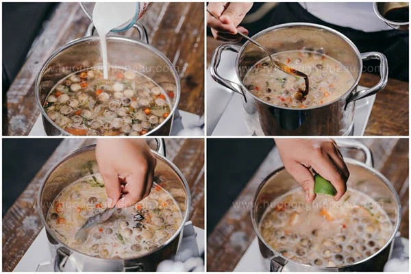 cho nước cốt dừa, tôm và nêm gia vị