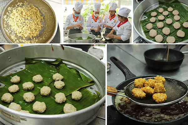 học viên được hướng dẫn chi tiết các công đoạn của món chả cốm