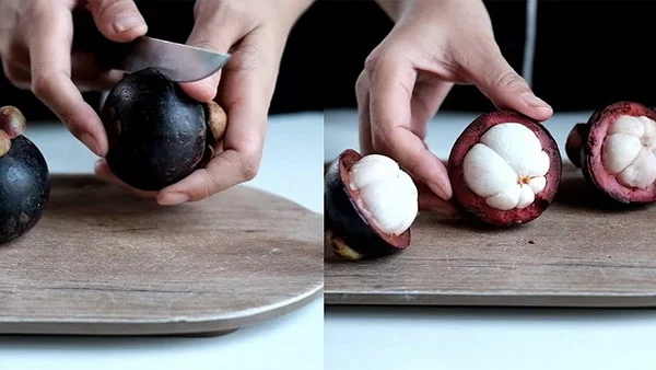 cắt đôi và lột vỏ măng cụt