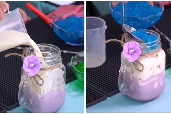 Trang trí ly trà sữa khoai môn