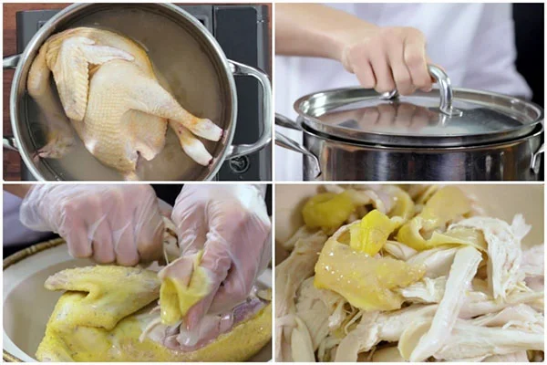 Luộc và xé gà thành miếng vừa ăn