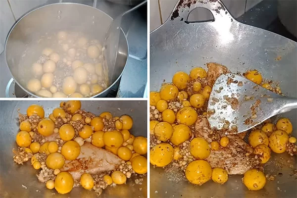 Trứng non chần, ướp và xào chín