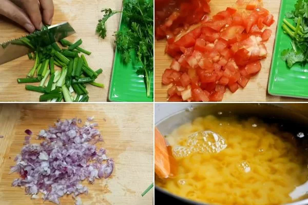 Băm nhỏ hành tím, cà chua