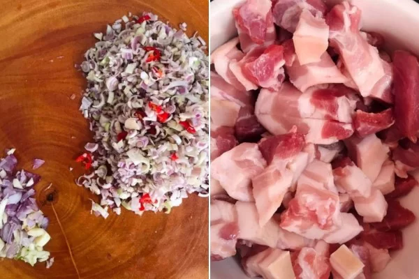 Băm nhỏ hành tím, ớt và sả, rửa sạch