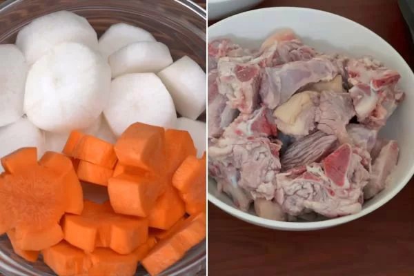 Cắt cà rốt, củ cải trắng và chần sơ xương heo