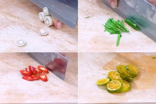 Cắt khoanh sả, ớt, tắc và thái chỉ lá chanh