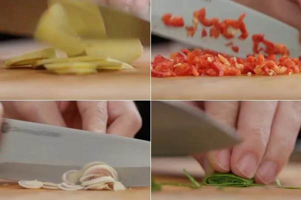 Cắt nhỏ gừng, sả, ớt, lá chanh