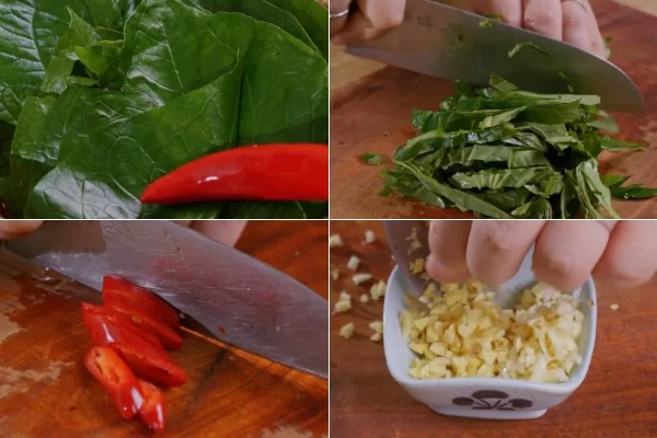 Cắt nhỏ ớt, lá lốt, băm tỏi