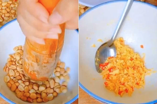 Dùng chày giã đậu phộng, tỏi, ớt và gừng