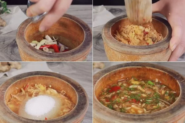Giã nhuyễn nguyên liệu và pha nước chấm cá