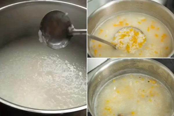 Nấu cháo thịt bằm bí đỏ, đậu xanh