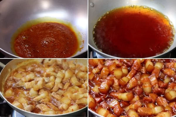 Nấu nước màu dừa, sau đó cho thịt vào kho