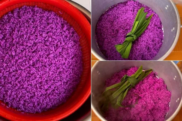 Nấu xôi lá cẩm với lá dứa để tạo mùi thơm