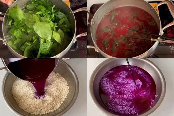 Ngâm nếp với nước lá cẩm đã để nguội