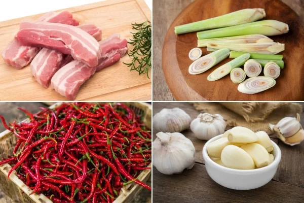 Nguyên liệu làm thịt rang cháy cạnh sả ớt