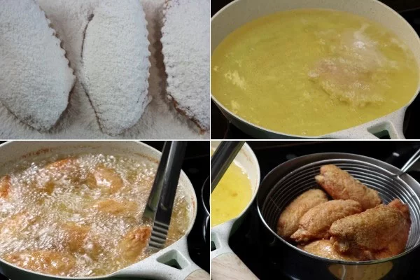 Phủ bột cho cánh gà và chiên ngập dầu