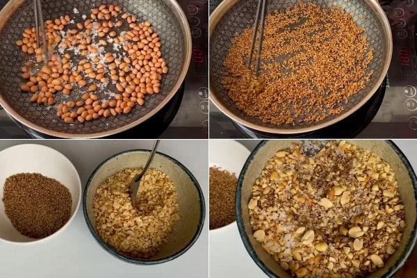 Rang đậu phộng, mè, trộn với đường, muối