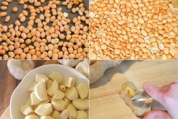 Rang đậu phộng, sơ chế tỏi, gừng