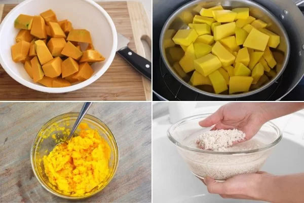 Sơ chế, hấp chín bí đỏ, gạo vo sạch