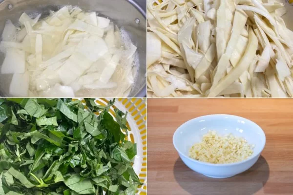 Sơ chế măng, cắt lá lốt và băm tỏi