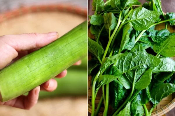 Sơ chế mướp và rau mồng tơi