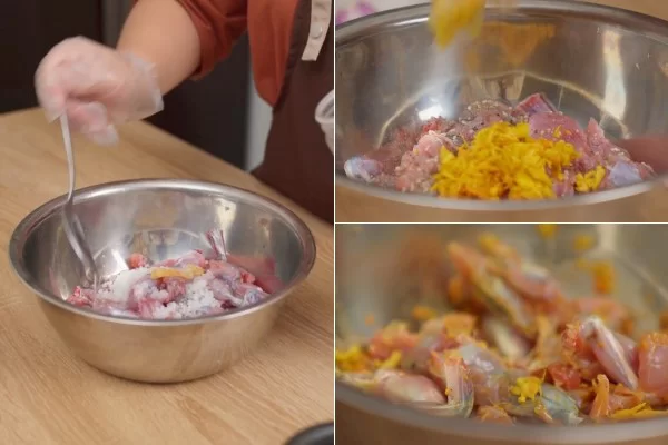 Ướp thịt ếch với nghệ và các loại gia vị khác