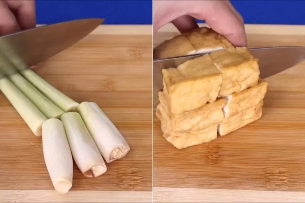 Cắt khúc sả và đậu hũ