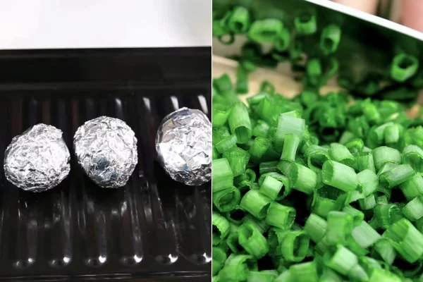 Nướng khoai tây và sơ chế hành lá