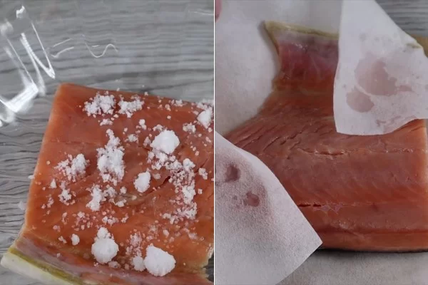 Sơ chế cá hồi với muối và rượu trắng