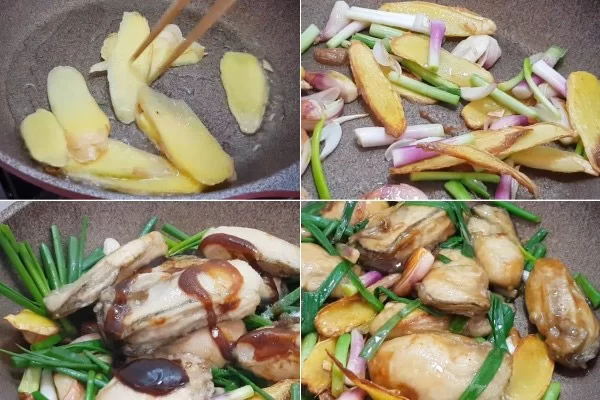 Xào thịt hàu với gừng, hành lá và hành tím