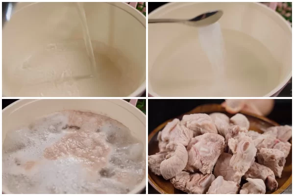 Chần xương heo với nước sôi và rửa sạch