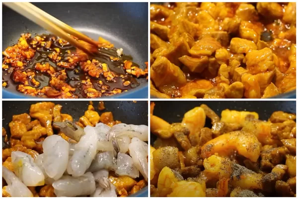 Xào nhân tôm thịt thật ráo nước