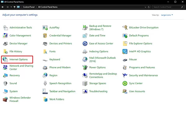chọn internet options